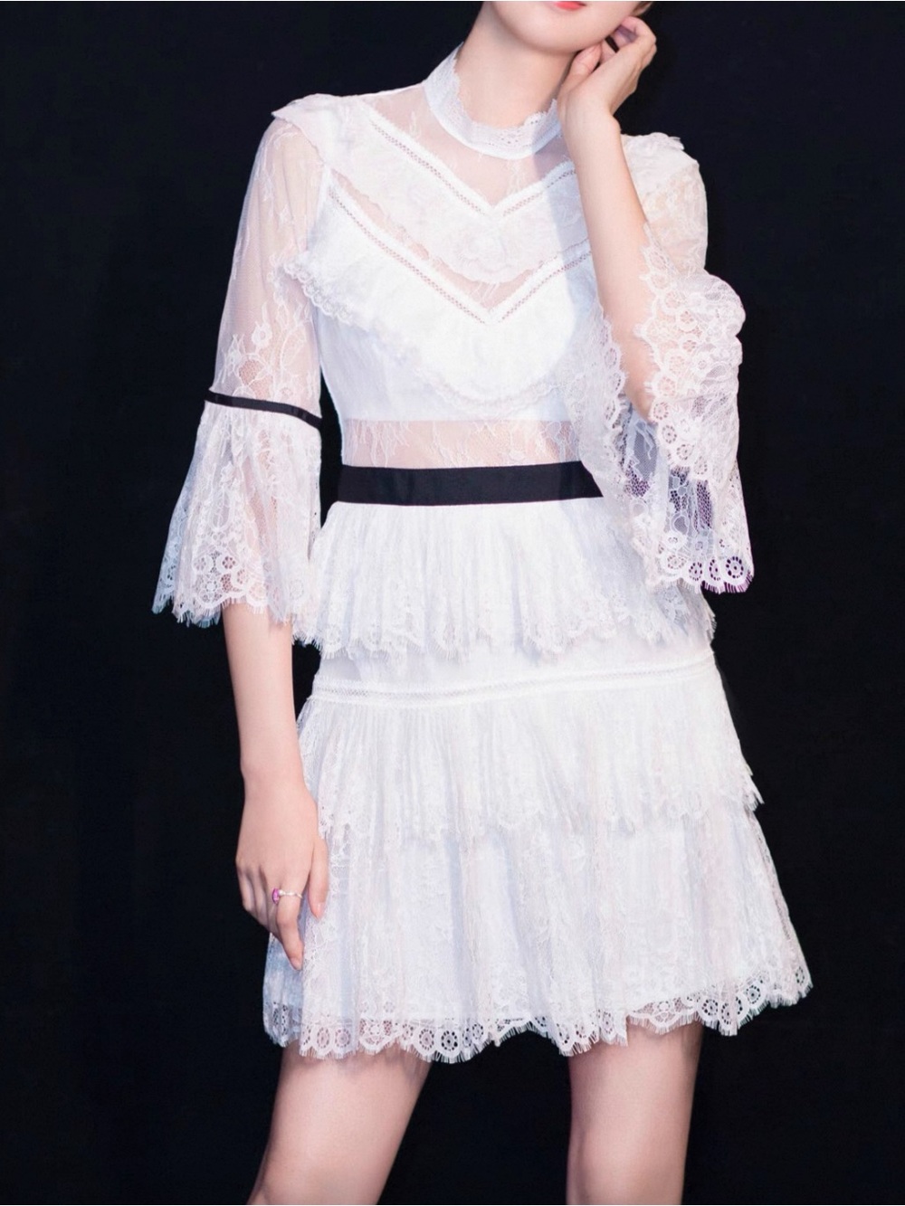 Self-Portrait White Lace Ruffle Mini Dress | UK 8 / US 4